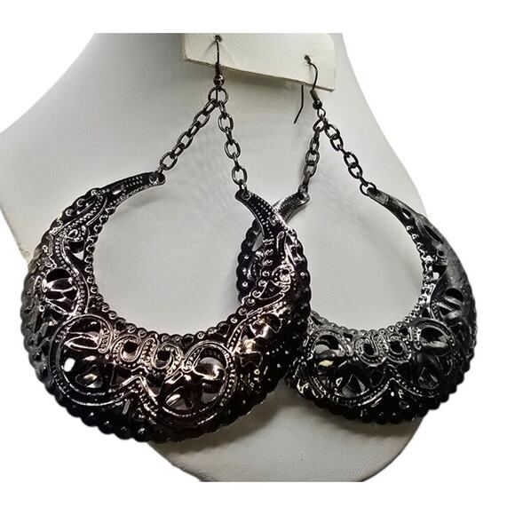 Crescent Moon Earrings Hoop Dangle Pierced Filigree Charcoal Black Statement 4" - Picture 1 of 5